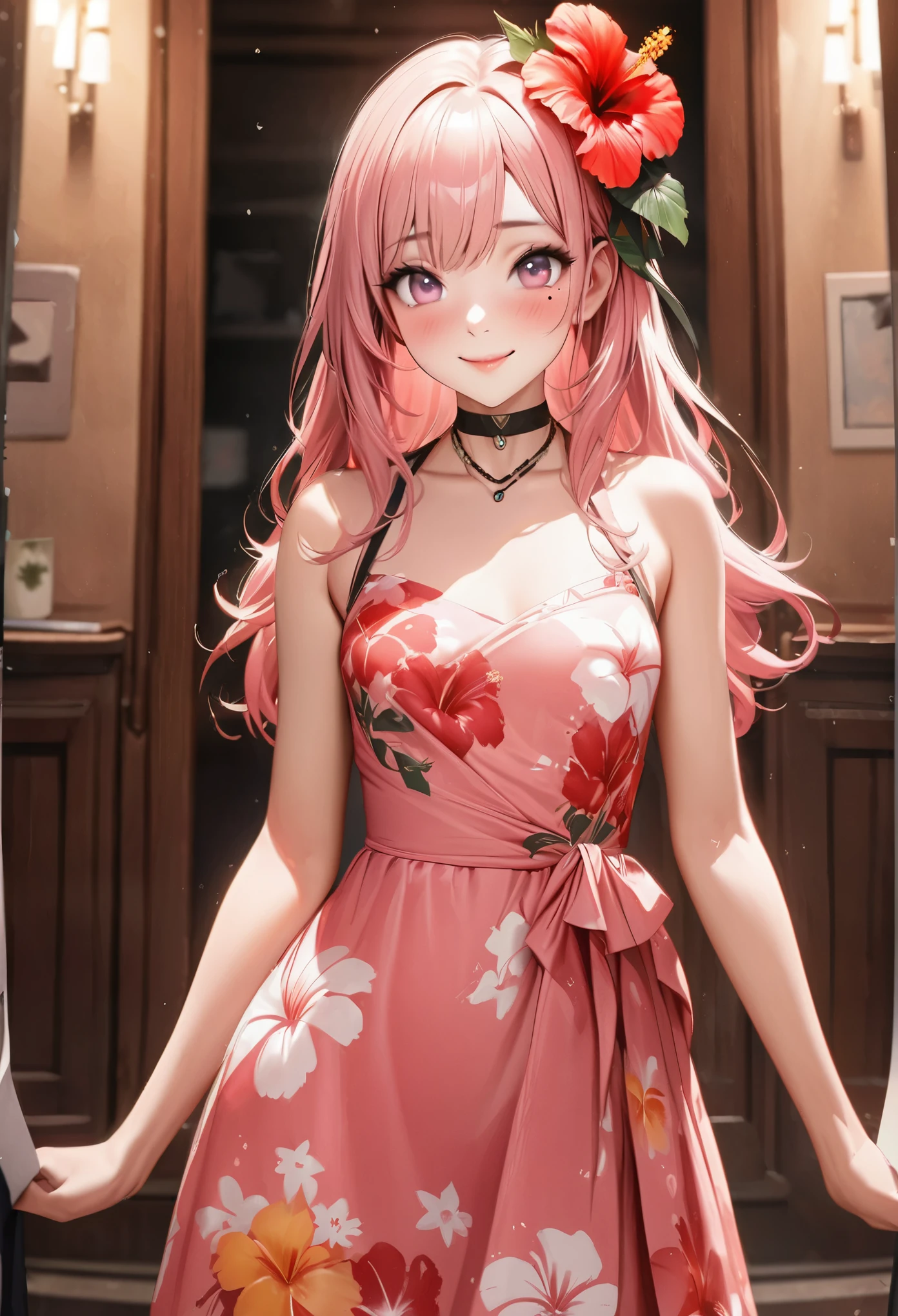 masterpiece, higst quality, highly detailed, high resolution, an high resolution, high resolution, 4k, 8k, unity 8k wallpaper, highly detailed cg, masterpiece, realistic, beautiful detail, depth, fine texture, hig hisst st quality: 1.3, total concentration, crisp skin, him, very cute anime, cute like an idol, tall pink long hair, one girl, Hawaiian dress, greeting, hibiscus hair accessory, smile, long pink hair, whole body , Mole under his eye, line sight, high, blush, lips parted, he art, pink eyes, choker