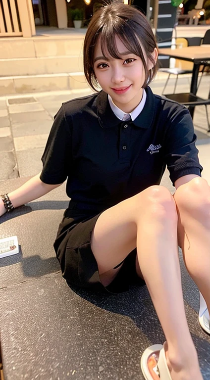 (8k, RAW Photos, highest quality, Tabletop:1.2), (Realistic, Photorealistic:1.37), Very detailed, 1 girl,cute, alone,Beautifully detailed skies,Detailed Cafe,night,Sitting,Date,(Red nose),(Light Smile:1.1), Medium chest,Beautiful fine details,(Collared shirt:1.1), bow tie,Pleated skirt,(short hair:1.2),floating hair、Black Shirt、((Leg spread:1.5))