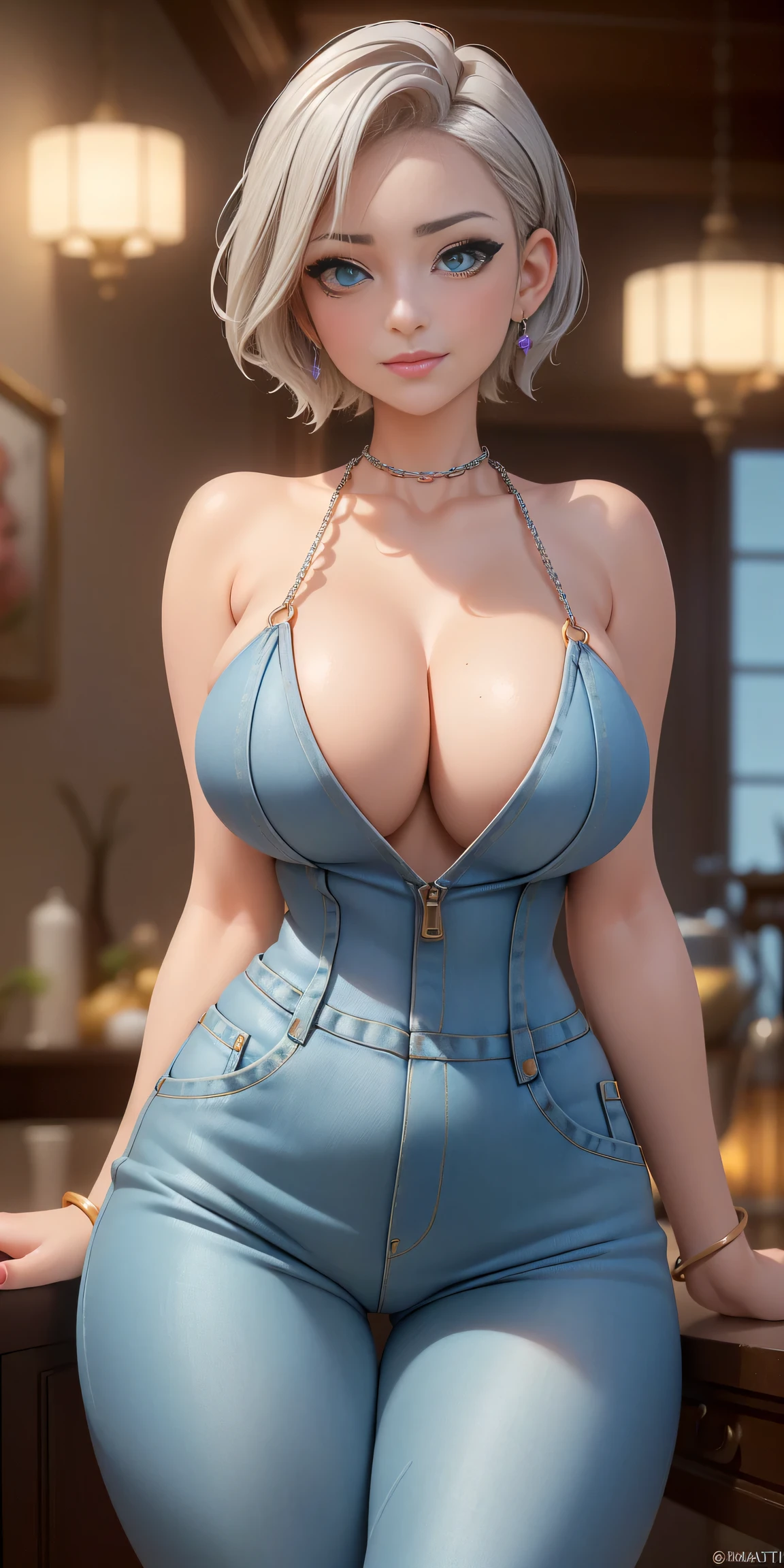 Big and round breasts, she is a grown woman ((beautiful and cute 37 year old milf woman)), (short silver hair, shaved side hair, beautiful earrings), double eyelids, greenish eyes, clear and detailed, hyper detailed, light effect on the eyes, detailed iris, sensual body, ((beautiful delicate elegant denim jumpsuit with chain details, beautiful and cool)), neckline, ((masterpiece, hyper realistic, hyper detailed, best quality, 16k, light and shadow on the skin, bright colors)), eyeliner, thin eyebrows, sensual expression, perfect lips, innocent and sexy face, ((skin with light and shadow), beautifully seductive and embarrassed woman, passionate expression, protruding smile ((she is a beautiful woman with a sensual body,)), flirting with the viewer, beautiful, charming, ((in the city workshop)), (body tilt) ((elegant sensual pose: 1,4))