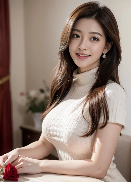 (Female, 22 years old), (Medium big breasts:1.3), rose garden、Lots of red roses on the background、 ((Grab the viewer's hand)), (​master piece: 1.3), (max resolution: 1.4), (UltraHD: 1.2), cinematric light, UltraHD, (Detailed eyes and skin), (detailed facial features), nffsw, 8K resolution, Perfect Style, Beautiful face、Highly detailed facial and skin texture、A detailed eye、double eyelid、Glitter Eyeliner:1.2、thin cheeks、(fair white skin:1.3)、shiny earrings,Red Rouge:1.2、shiny lip:1.2、((FULL BODYSHOT:1.2))、((From a very intimate distance:1.2))、((Navy High Neck Pipeknit Dress))、high-heels、(Layered Hair Style、lightbrown hair)、medium-Long hair、(Very attractive smile:1.3)