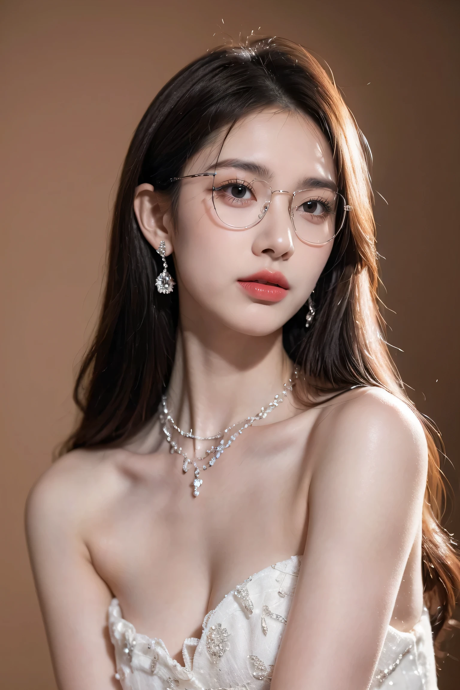 Top CG, Highest image quality, masterpiece, Gentle and beautiful girl, (185cm美女), (fit), Imperial sister, Queen temperament, White skin, ((Long legs)), perfect facial features, Bright Eyes, Seductive pose, Red lips, Beautiful and cold (A major breakthrough)), Beautiful and heroic, Soft and long hair, Glittering, Lace, net, Visible through clear skin, wear glasses, diamond earrings, ruby neckLace, (evening dress), 8K Image Quality, (Realistic Portraits), Characters fill the screen, (Facial lighting), ((eternal)