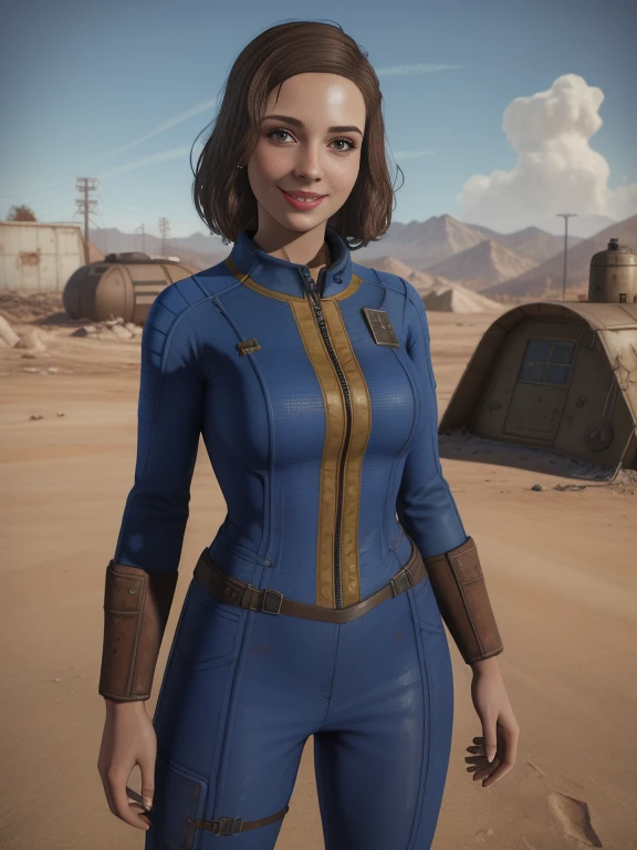 1girl, solo, highly insanely detailed, masterpiece, top quality, best quality, highres, 4k, 8k, fallout style, smile, 1girl, Nora, vault jumpsuit, in the wasteland