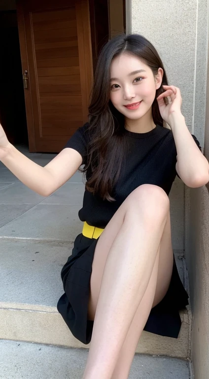 （（highest quality，8k，masterpiece：1.3）），Perfect beauty：1.4，Hips：1.2，（Layered Hairstyles：1.2）），（Street：1.3），Highly detailed face and skin texture，Full Body Lesbian，A sophisticated eye，double eyelid，Whitening the skin，Short Wavy Hair，Cute Korean Beauty（With a round face：1.5），（Black Top，Short skirt：1.6）smile、((Leg spread:1.5))