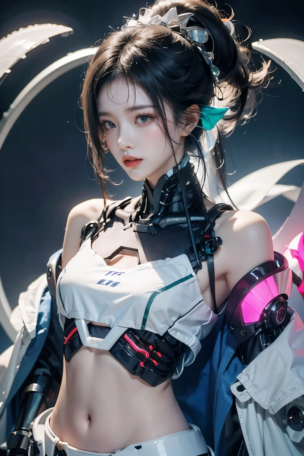 tmasterpiece,Best quality at best,A high resolution,8K,(portrait),(Close up of avatar),(RAW photogr),real photograph,digital photography,(cyberpunk queen),14-year-old girl,long ponytail hairstyle,By bangs,(pink and silver gradient hair),(Glowing emerald green eyes),Devil Eyes,Serious and charming,Mechanical body,lightning glowing electronic components,silver wires and tubes connect the body,Complex light blue electronic texture,Weird technology symbols,Black round forehead symbol,Luxurious mechanical crown,Keep your mouth shut,(Mechanical Woman),Photo pose,cyber punk perssonage,Future Style,gray world background,oc render reflection texture,Shoulder exposed,Navel exposed,Flat Chest,Small breasts,Small breasts,Small waist,Small Ass,Thin legs,Leaner figure,Slim figure,Glowing blue eyes,Confidence,Thin, sharp, and bold, upturned eyes,