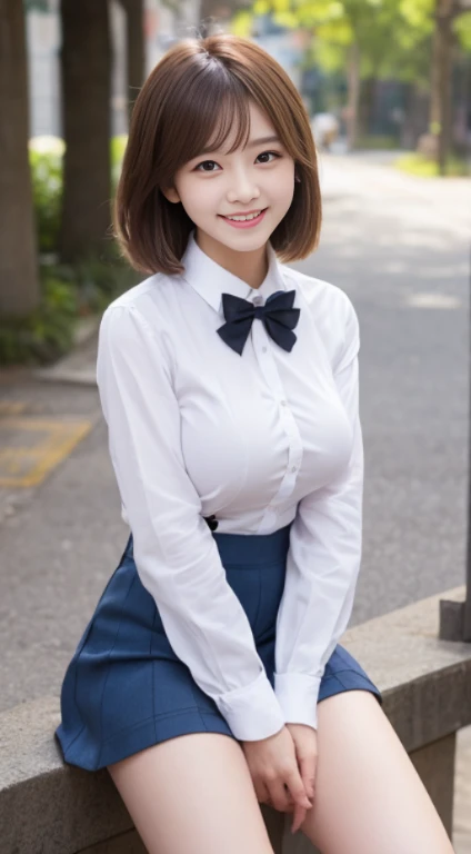Little Girl.................,, in front of school、Suspenders to attach to skirt、Long sleeve white shirt、Checked skirt、, , sakimichan,, Nice and cute, An innocent smile,  , Cute smile, sakimichan hdri、 big 、,(Huge breasts:1.20),(Beauty Big 1:1)、brown hair、brown hairの髪、blue eyes、 With short bob、Pose cutely、((Leg spread:1.5))