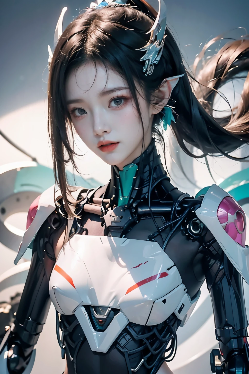 tmasterpiece,Best quality at best,A high resolution,8K,(portrait),(Close up of avatar),(RAW photogr),real photograph,digital photography,(cyberpunk queen),14-year-old girl,long ponytail hairstyle,By bangs,(pink and silver gradient hair),(Glowing emerald green eyes),Devil Eyes,Serious and charming,Mechanical body,lightning glowing electronic components,silver wires and tubes connect the body,Complex light blue electronic texture,Weird technology symbols,Black round forehead symbol,Luxurious mechanical crown,Keep your mouth shut,(Mechanical Woman),Photo pose,cyber punk perssonage,Future Style,gray world background,oc render reflection texture,Shoulder exposed,Navel exposed,Flat Chest,Small breasts,Small breasts,Small waist,Small Ass,Thin legs,Leaner figure,Slim figure,Glowing blue eyes,Confidence,Thin, sharp, and bold, upturned eyes,