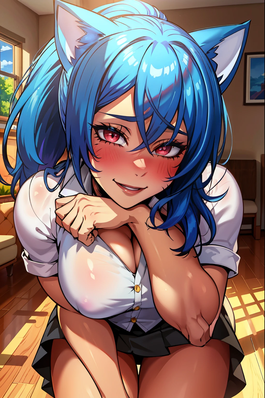 cat girl, blue hair, red eyes, cat ears, cat tail,white shirt, skirt, (extremely detailed CG unity 4k wallpaper),(masterpiece),(best quality),(ultra-detailed),(best illustration),(best shadow),(absurdres),(detailed background), Smiling shyly, blushing, Contemporary house, Lipstick, Eyeshadow, close up,