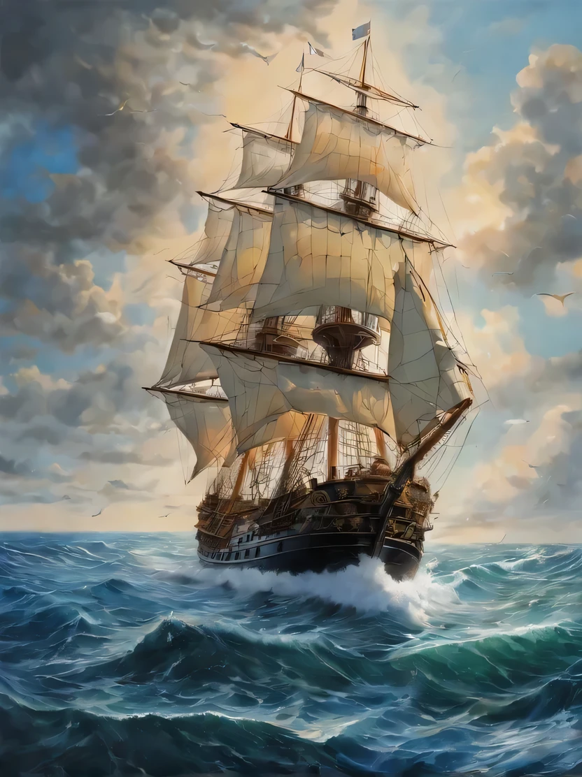 ((masterpiece、highest quality、Genuine、Very detailed、High resolution、Sharp focus、Cinematic lighting))、((There are no people))、Detailed cover artwork、Awesome Wallpapers、A picture of a ship floating on the sea with the sunset as the background、Four-masted ship、Four-corner sail、old galleon、Gothic sea ship、Highly detailed digital art、Detailed painting