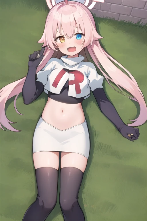 masterpiece, best quality, ultra-detailed, 1girl, hoshino, team rocket,team rocket uniform,white skirt,red letter R,crop top,black thigh-highs,black elbow gloves, outdoors