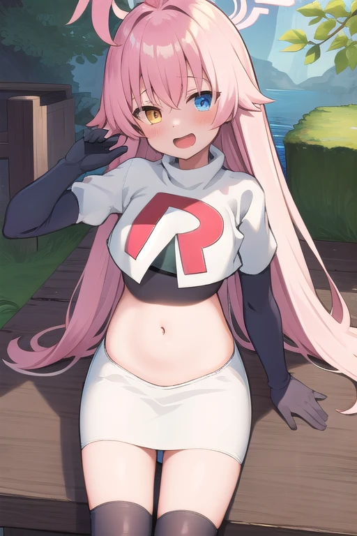 masterpiece, best quality, ultra-detailed, 1girl, hoshino, team rocket,team rocket uniform,white skirt,red letter R,crop top,black thigh-highs,black elbow gloves, outdoors