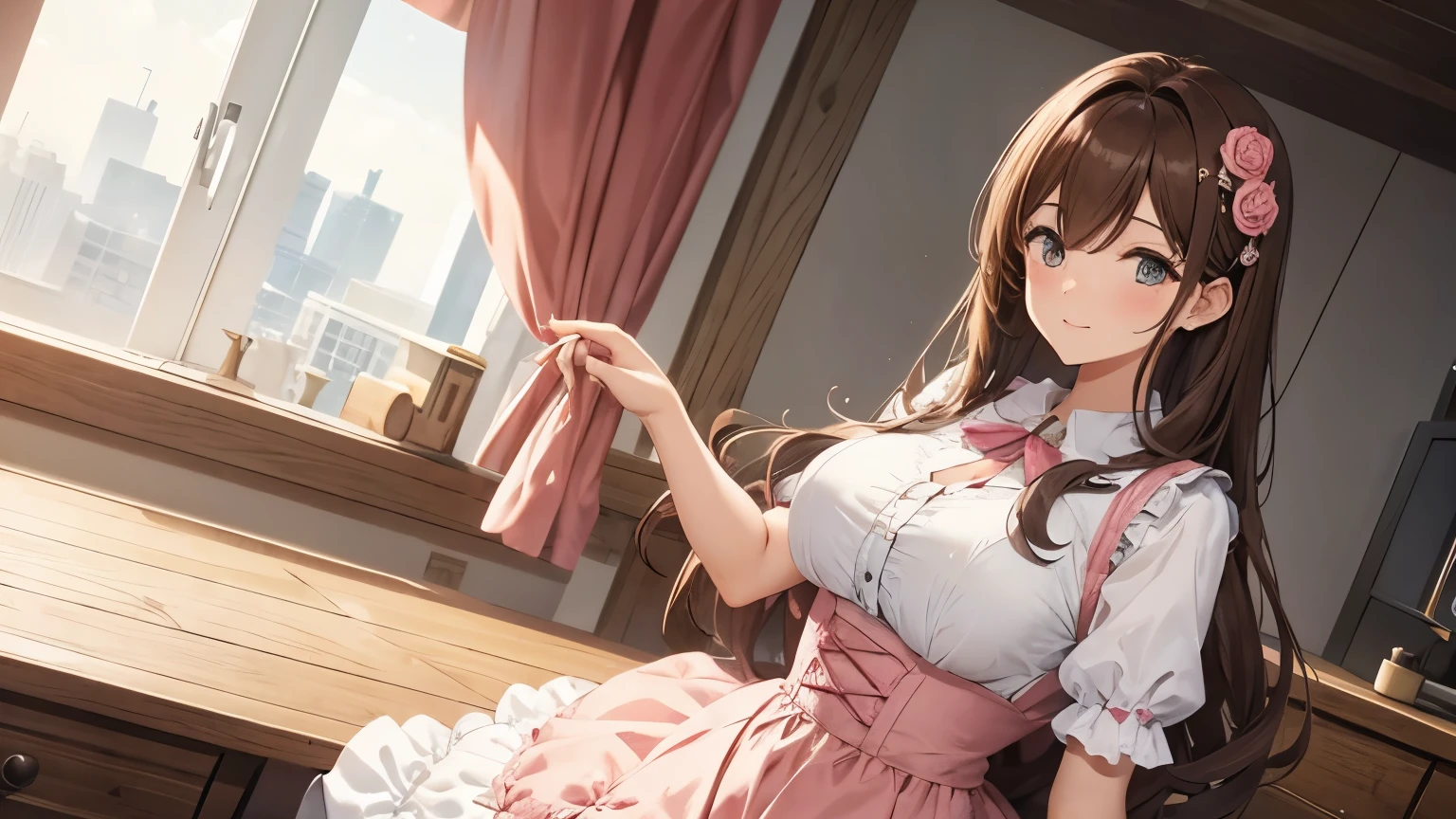 (((masterpiece, Highest quality, High resolution, 超High resolution, Perfect Pixel, Depth of written boundary, 4K, RTTX 10.0))), Beautiful Anime Women, Beautiful art style, Anime characters, ((Smooth texture, Realistic texture, Anime CG Style)), Exact finger count、Exact number of legs、(Exact number of arms:1.0, Exact number of hands:1.0), (Perfect hands, Perfect Anatomy), Cinematic, Realistic, Extremely detailed CG, Daytime lighting, Perfect lighting, Best Shadow, The best natural light, whole body, Perfect body, バランのとれたPerfect body, Perfectly balanced style, (Slender body:1.2), ((Long Hair, bangs, Reddish brown hair, Stylish hairstyle)), ((A cute woman stands with her hands in her panties:1.8)), (Put one hand in your panties:1.8), (fingering:1.8), (pussy juice:1.5), ((Bow tie around neck, High heels:1.3), (Sexy and cute white underwear:1.3), (Stylish shiny white satin panties, Side-tie panties, Panties with plain white center and lace decoration on the sides:1.3), (Thin panties with red ribbon:1.3), (White micro lace satin bra, White bra with lace trim, Thin bra with red ribbon:1.3), (garter belt, Knee socks:1.3):1.3), (Beautiful big , Cleavage:1.1), (Embarrassed expression:1.4), blush, (sexual pleasure expression:1.5), (The expression of someone who is holding in the toilet:1.4), (Look up, Mouth half open, Half-close your eyes:1.2), (Stylish cafe, amusement park, A busy store, Chair, table, Outdoor:1.3), naked, In underwear, Waitress in underwear, (Frilly maid-like headband:1.2), whole body, Angle from the front, chizuru