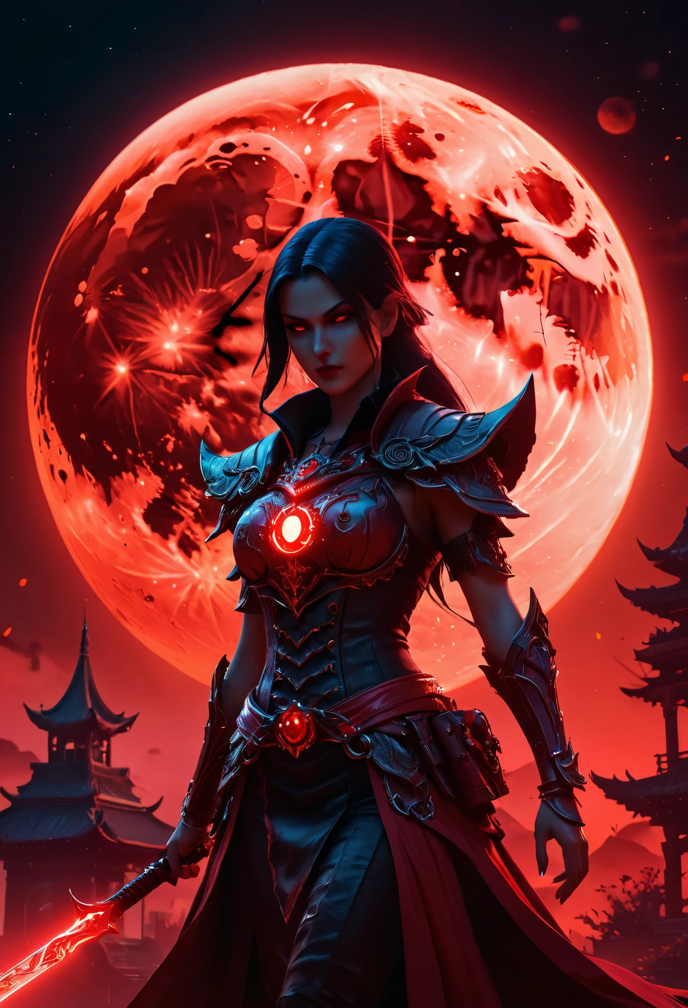 Red Necromancer, Blood Moon, Ray Tracing, masterpiece, highest quality, super high quality, 不条理なdetailed, best Light, Best Shadow, sharp, sharp image, detailed, extremely detailed, Amazing resolution, 8k, 4K, Ultra-high resolution, Particle Effects, Beautiful Effects, Vibrant colors, neon Light, neon, Light,