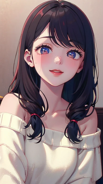 A light blush and a smile, (Masterpiece of the highest quality:1.2) Delicate illustrations, super detailed, /Beautiful Japanese Women、1 person,Very cute and slim、Outstanding style 、((8K images、super high quality))、Very delicate face, Skin and Hair、Red lipstick、Long Hair、straggling hair,(((((Gradient Hair、brown hair))))),Very cute Japanese cut face、Eyes and nose are clearly visible、Kind eyes,(((Off-the-shoulder sweater、Watching the audience)))、full body shot