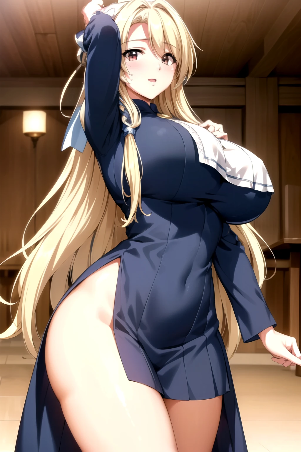 dew内衣, dew, Lace, nun, Blonde hair,Long hair, Bangs,, hair ribbon, blue_Eye, 1 girl, 20 years,Young women,fair Finger,fair long legs,fair body,fair Nose,fair character design, perfect Eye, perfect Face,expressive Eye,Perfect balance, Looking at the audience,(Focus on her Face),Shut up, (Innocent_Large target_Eye:1.0),Light_Smile, official art,Extremely detailed CG unified 8k wallpaper, Perfect lighting,rich and colorful, bright_front_Face_Lighting,有Light泽的皮肤, (masterpiece:1.0),(the best_quality:1.0), Ultra-high resolution,4K,Super detailed, photography, 8k, HDR, high resolution, absurd:1.2, Kodak Portrait 400, Film Grain, Blurred background, Bokeh:1.2, 镜头Light晕, (Energetic_color:1.2),专业photography师, (fair,Large target_breast:1.4), (fair_Face:1.5),(narrow_waist),