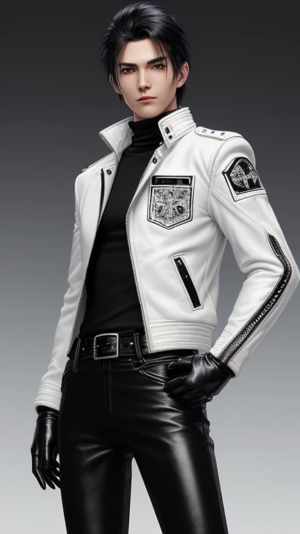 Final Fantasy-style graphics, young, Cute and cool Japanese boys, Thin eyebrows and big eyes, He is wearing a shiny off-white leather single-breasted jacket.。., with epaulettes, The jacket is zipped up, The pockets of the jacket are black.., The jacket has a high stand-up collar with a belt, Also wearing a black turtleneck, black leather pants,tight, Thin black leather gloves on both hands, Black leather knee-high lace-up boots,show, Head to Toe, 全身をshow, Final Fantasy Style、good looking、Clear eyes and nose、((Shiny white single design leather jacket))、((The jacket has epaulettes))、((The jacket has a stand-up collar and belt))、((The jacket has a black pocket))、((Black turtleneck shirt))、((光沢のあるblack leather pants))、((Shiny black leather gloves on both hands))、((Black lace-up leather long boots))、Head to Toeの眺め、Realistic image quality and texture、In a small cell、Close your eyes、A kind smile、The jacket is closed