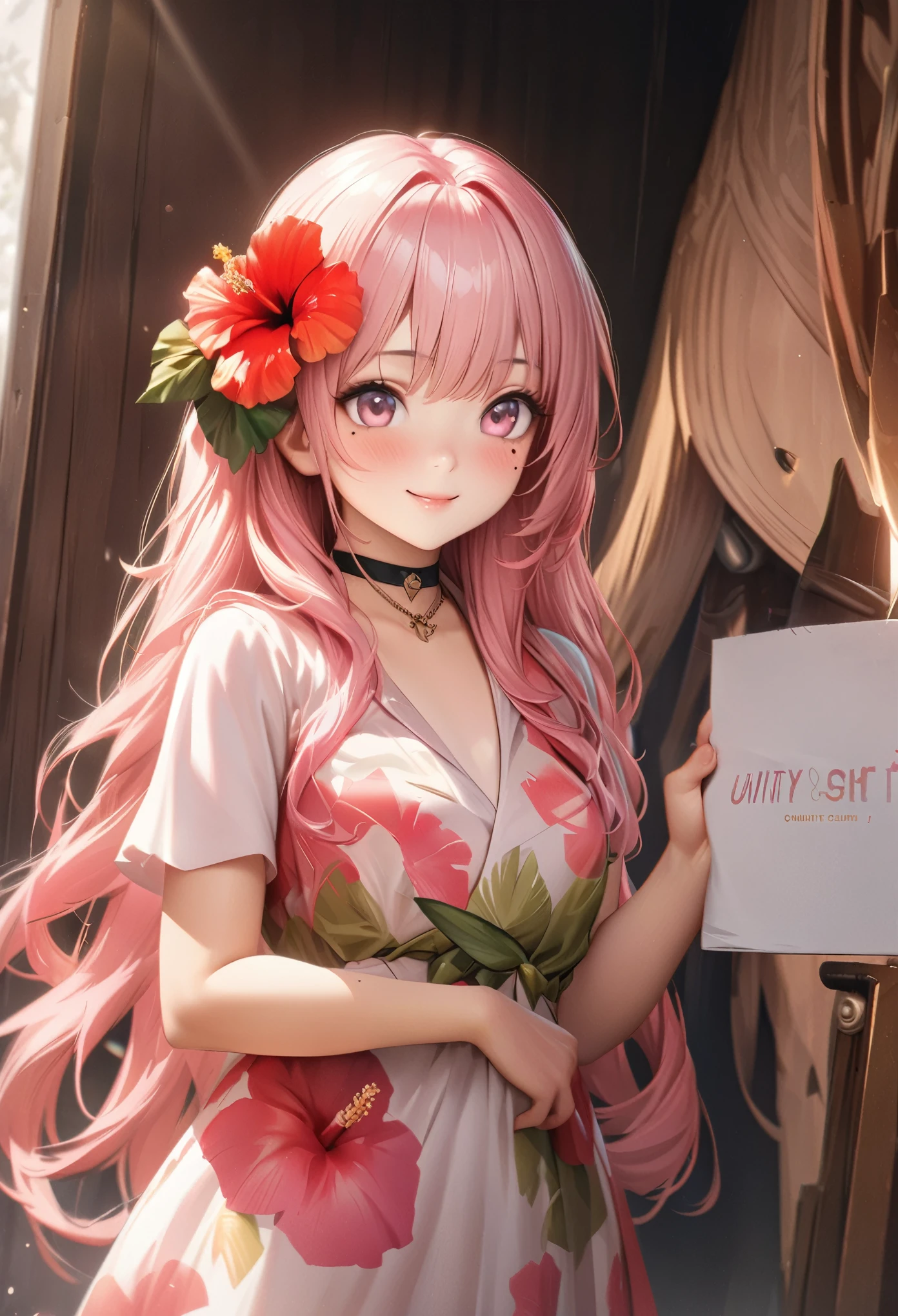 masterpiece, higst quality, highly detailed, high resolution, an high resolution, high resolution, 4k, 8k, unity 8k wallpaper, highly detailed cg, masterpiece, realistic, beautiful detail, depth, fine texture, hig hisst st quality: 1.3, total concentration, crisp skin, him, very cute anime, cute like an idol, tall pink long hair, one girl, Hawaiian dress, greeting, hibiscus hair accessory, smile, long pink hair, whole body , Mole under his eye, line sight, high, blush, lips parted, he art, pink eyes, choker