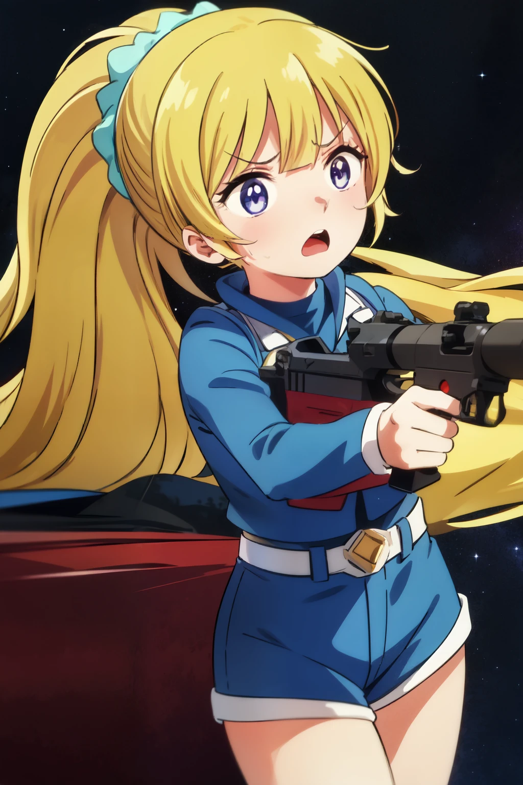 masterpiece, best quality, highres, 1girl, kei karuizawa, long hair, bangs, blunt bangs, (purple eyes:1.1), blonde hair, shirt, hair ornament, ponytail, scrunchie, blue scrunchie, hold a gun, aiming, dynamic angle, in hangar, angry, scream, galaxy background, cowboy shot,