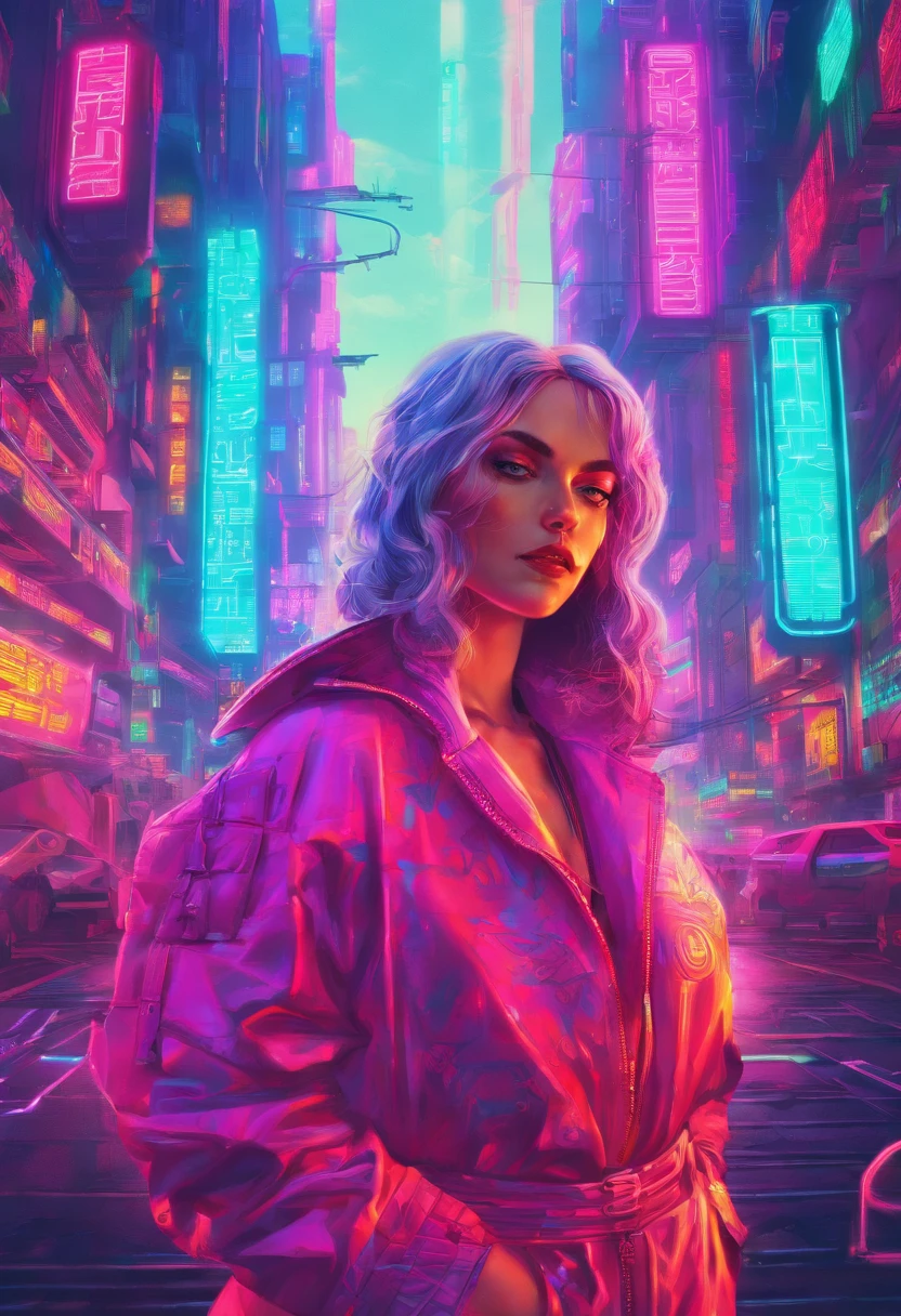 A Russian woman in a cyberpunk city with neon lights and holographic projections, loira, cyberpunk aesthetics