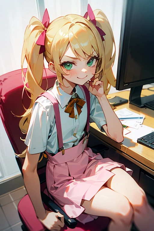 1 girl, cute, , flat chested, bratty, blonde hair, twintails, long hair, cute, bratty, teasing look, dim lighting, sitting in desk chair, pink room, cute room, white chair, lolita,pink suspenders skirt, green eyes, smiling, smug

