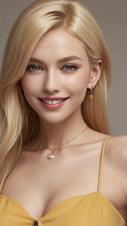 1 29 year old blonde woman with long hair posing for a picture, Beautiful blonde woman, beautiful blonde woman, (She's wearing a big smile), Beautiful, well-cared for blonde, 8K Soft Portrait, Smooth blond woman, (Slim figure top model), breast enhancement, (Blonde Swedish woman), (Blonde eyebrows), Glossy long blonde hair, (amber color eyes brillantes:1.2), (The pupils of the eyes are dilated), (Thick plump lips), (A photo from the chest up), (A person in the center left and right, The whole head is shown:1.3), (Spring color buttoned collared blouse:1.3), (A very simple necklace and very simple earrings), Perfect Makeup
