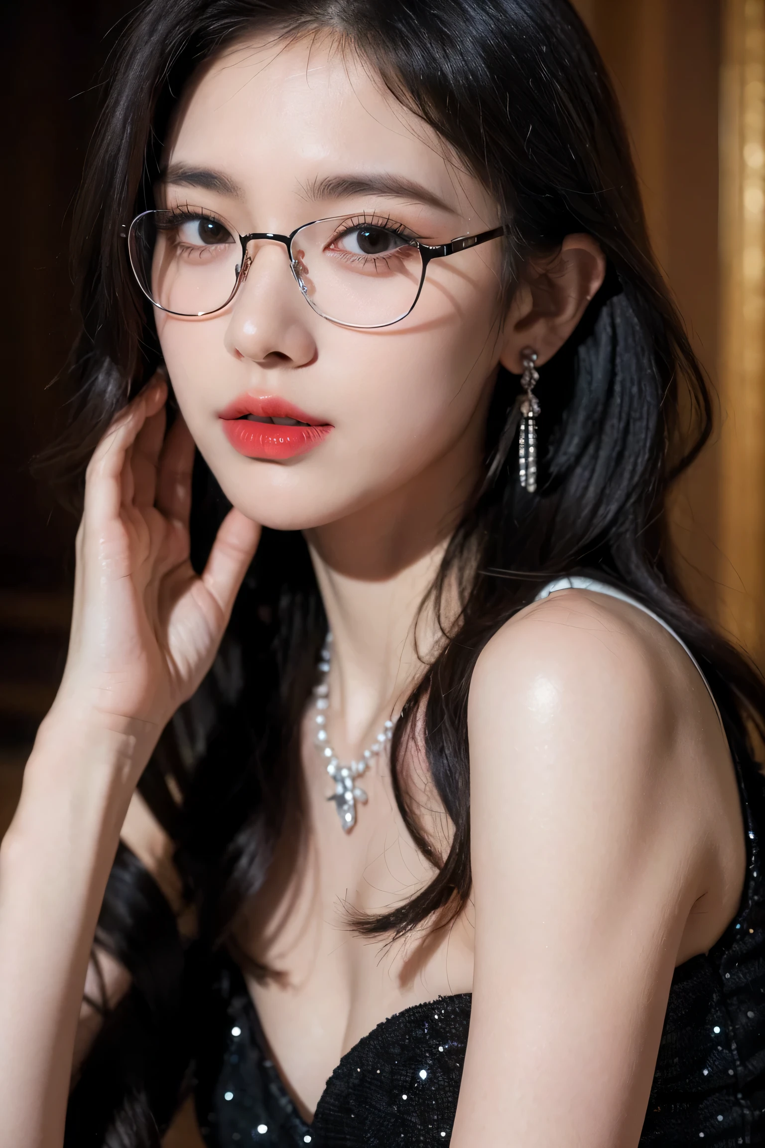 Top CG, Highest image quality, masterpiece, Gentle and beautiful girl, (185cm美女), (fit), Imperial sister, Queen temperament, White skin, ((Long legs)), perfect facial features, Bright Eyes, Seductive pose, Red lips, Beautiful and cold (A major breakthrough)), Beautiful and heroic, Soft and long hair, Glittering, Lace, net, Visible through clear skin, wear glasses, diamond earrings, ruby neckLace, (Black dress), 8K Image Quality, (Realistic Portraits), Characters fill the screen, (Facial lighting), ((eternal)