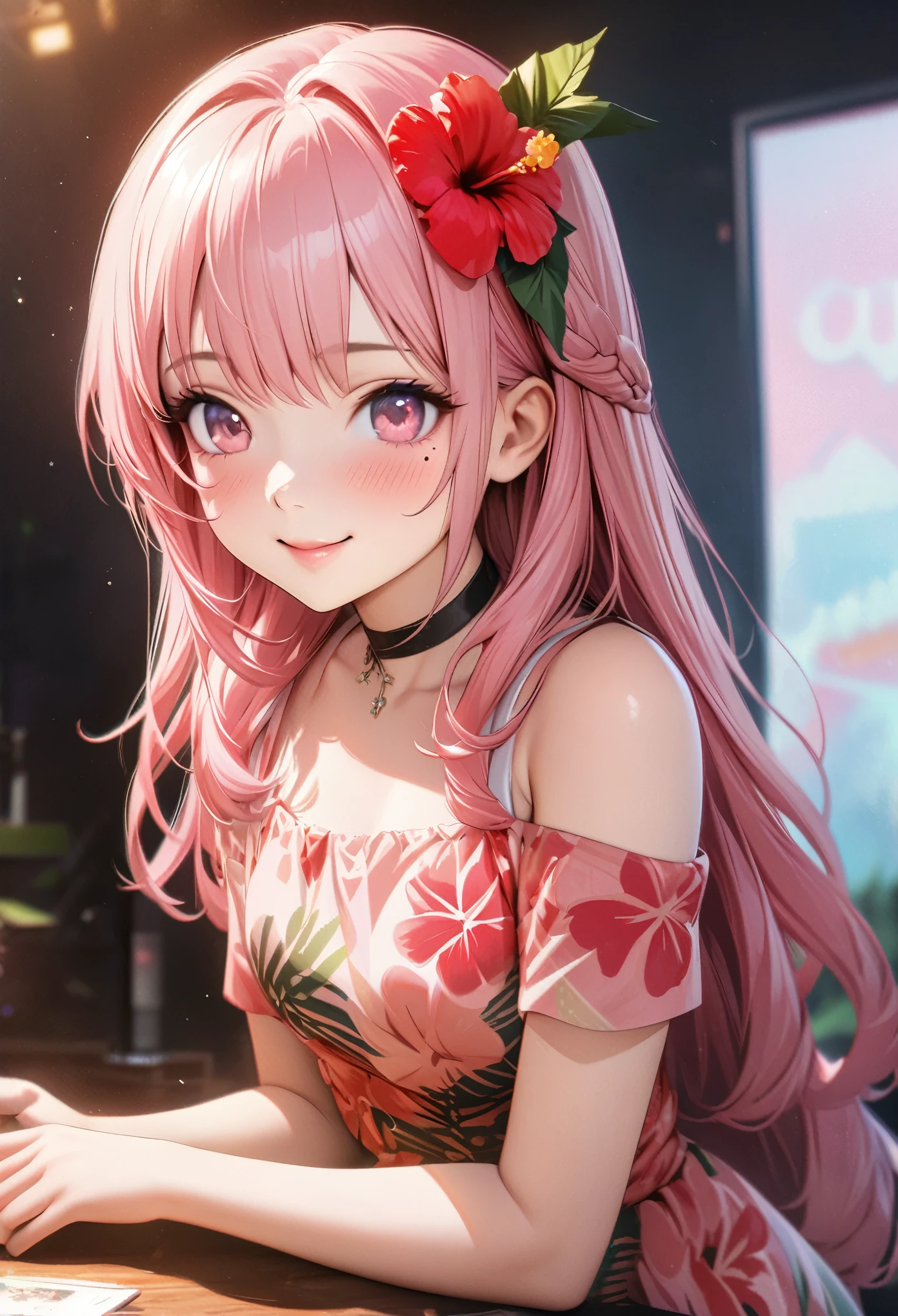 masterpiece, higst quality, highly detailed, high resolution, an high resolution, high resolution, 4k, 8k, unity 8k wallpaper, highly detailed cg, masterpiece, realistic, beautiful detail, depth, fine texture, hig hisst st quality: 1.3, total concentration, crisp skin, him, very cute anime, cute like an idol, tall pink long hair, one girl, Hawaiian dress, greeting, hibiscus hair accessory, smile, long pink hair, whole body , Mole under his eye, line sight, high, blush, lips parted, he art, pink eyes, choker