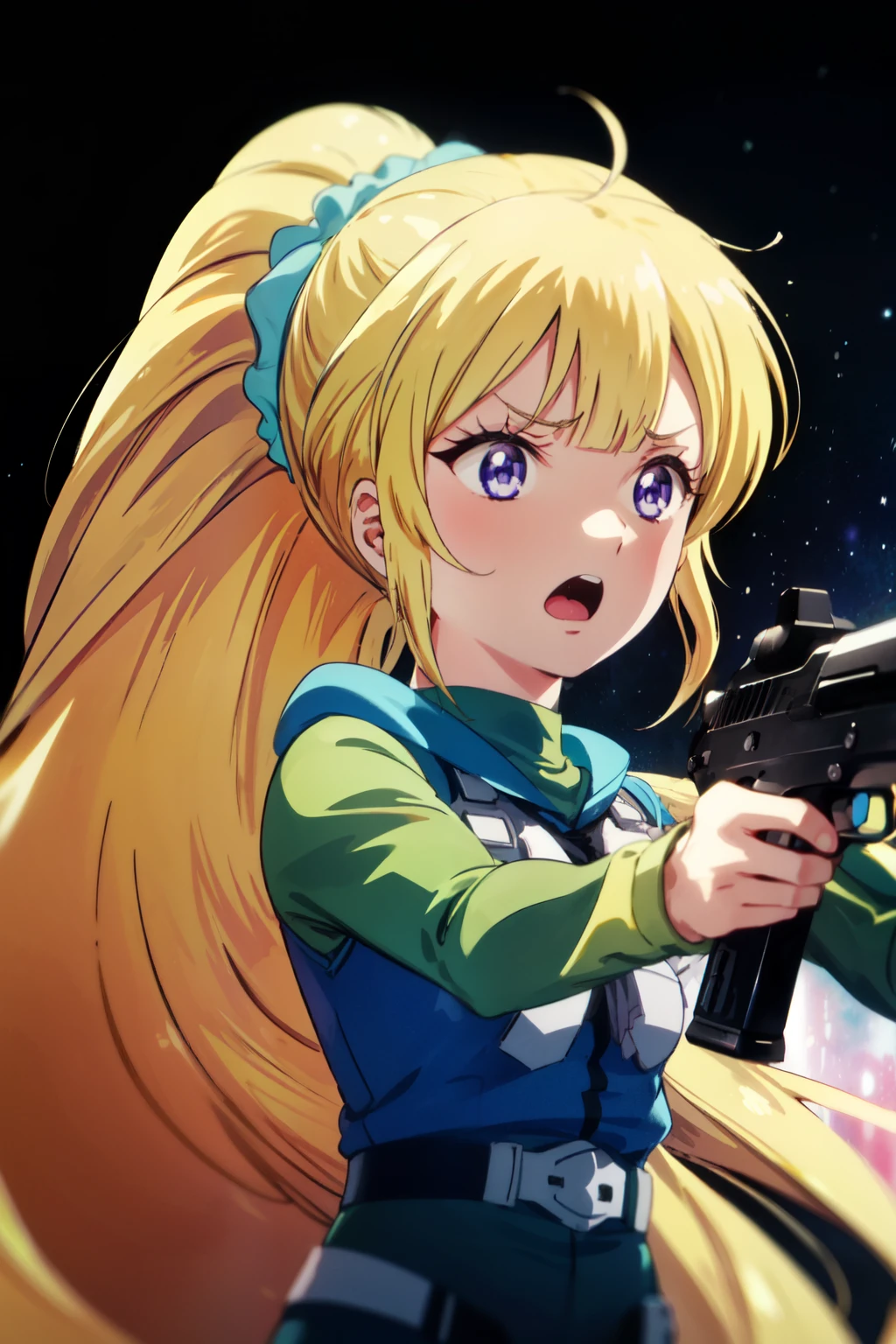 masterpiece, best quality, highres, 1girl, kei karuizawa, long hair, bangs, blunt bangs, (purple eyes:1.1), blonde hair, shirt, hair ornament, ponytail, scrunchie, blue scrunchie, hold a gun, aiming, dynamic angle, in hangar, angry, scream, galaxy background, cowboy shot, 