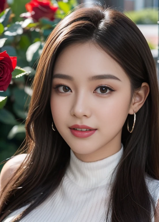 (Female, 22 years old), (Medium big breasts:1.3), rose garden、Lots of red roses on the background、 ((Grab the viewer's hand)), (​master piece: 1.3), (max resolution: 1.4), (UltraHD: 1.2), cinematric light, UltraHD, (Detailed eyes and skin), (detailed facial features), nffsw, 8K resolution, Perfect Style, Beautiful face、Highly detailed facial and skin texture、A detailed eye、double eyelid、Glitter Eyeliner:1.2、thin cheeks、(fair white skin:1.3)、shiny earrings,Red Rouge:1.2、shiny lip:1.2、((FULL BODYSHOT:1.2))、((From a very intimate distance:1.2))、((Navy High Neck Pipeknit Dress))、high-heels、(Layered Hair Style、lightbrown hair)、medium-Long hair、(Very attractive smile:1.3)