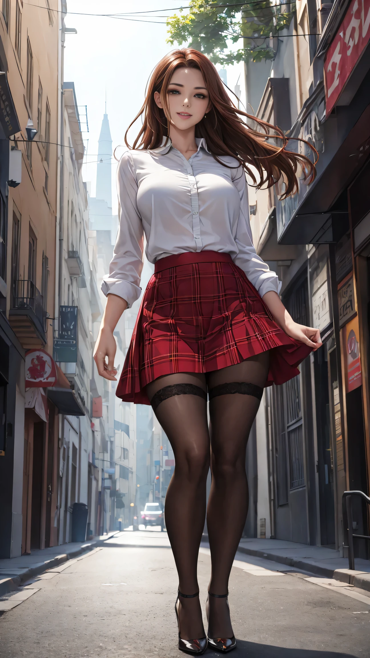 8k, masterpiece, RAW photo, best quality, photorealistic, extremely detailed CG unity 8k wallpaper, Depth of field, Cinematic Light, Lens Flare, Ray tracing, (extremely beautiful face, beautiful lips, beautiful eyes), intricate detail face, ((ultra detailed skin)) 1girl, in the dark, deep shadow, pretty asian girl, 1 girl, (very slim slender fit-muscled body:1.3), ((looking at viewer)),(big smile:1.3), (short skirt ), (red mini skirt ), pantyhose, clear eyes, walking , front shot, (pale skin), (big eyes), face forward, (red shirt), (brown hairs), ((laced blouse)),,(looking at viewer:1.3) very slim, medium breasts, stockings, street, buildings, tree, sunny, (plaid skirt), (high heels), gentle skirt