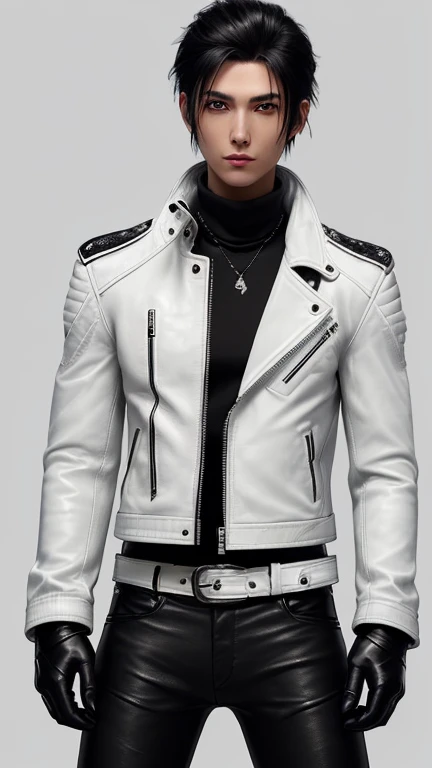 Final Fantasy-style graphics, young, Cute and cool Japanese boys, Thin eyebrows and big eyes,  He is wearing a shiny off-white leather single-breasted jacket.。., with epaulettes,  The jacket is zipped up, The pockets of the jacket are black.., The jacket has a high stand-up collar with a belt, Also wearing a black turtleneck, black leather pants,tight, Thin black leather gloves on both hands, Black leather knee-high lace-up boots,show, Head to Toe, 全身をshow, Final Fantasy Style、good looking、Clear eyes and nose、((Shiny white single design leather jacket))、((The jacket has epaulettes))、((The jacket has a stand-up collar and belt))、((The jacket has a black pocket))、((Black turtleneck shirt))、((光沢のあるblack leather pants))、((Shiny black leather gloves on both hands))、((Black lace-up leather long boots))、Head to Toeの眺め、Realistic image quality and texture、In a small cell、Close your eyes、A kind smile、The jacket is closed