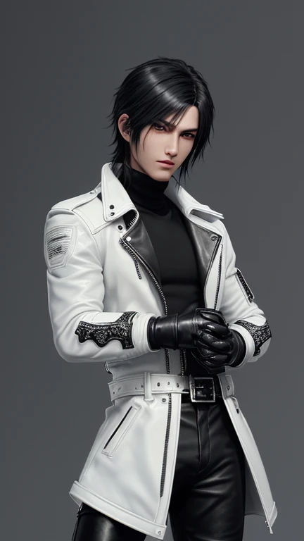 Final Fantasy-style graphics, young, Cute and cool Japanese boys, Thin eyebrows and big eyes, He is wearing a shiny off-white leather single-breasted jacket.。., with epaulettes, The jacket is zipped up, The pockets of the jacket are black.., The jacket has a high stand-up collar with a belt, Also wearing a black turtleneck, black leather pants,tight, Thin black leather gloves on both hands, Black leather knee-high lace-up boots,show, Head to Toe, 全身をshow, Final Fantasy Style、good looking、Clear eyes and nose、((Shiny white single design leather jacket))、((The jacket has epaulettes))、((The jacket has a stand-up collar and belt))、((The jacket has a black pocket))、((Black turtleneck shirt))、((光沢のあるblack leather pants))、((Shiny black leather gloves on both hands))、((Black lace-up leather long boots))、Head to Toeの眺め、Realistic image quality and texture、In a small cell、Close your eyes、A kind smile、The jacket is closed