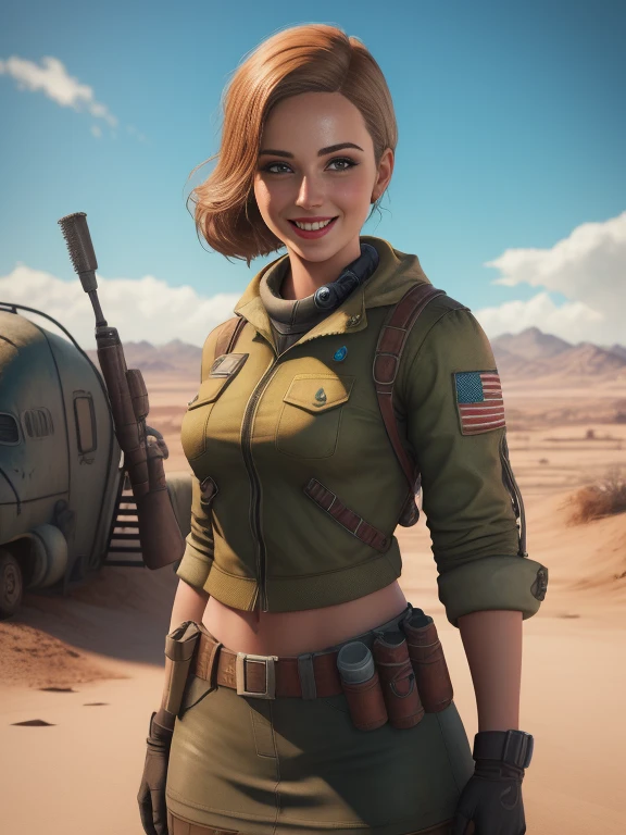 1girl, solo, highly insanely detailed, masterpiece, top quality, best quality, highres, 4k, 8k, fallout style, smile, 1girl, Piper, in the wasteland