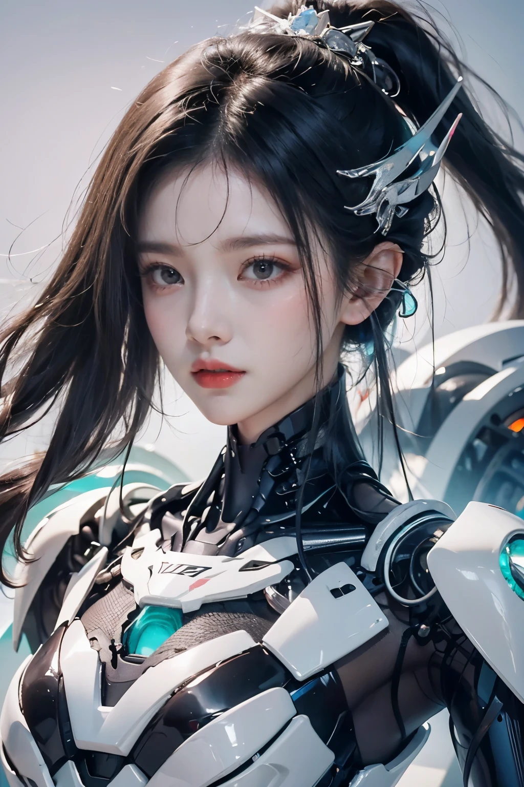 tmasterpiece,Best quality at best,A high resolution,8K,(portrait),(Close up of avatar),(RAW photogr),real photograph,digital photography,(cyberpunk queen),14-year-old girl,long ponytail hairstyle,By bangs,(pink and silver gradient hair),(Glowing emerald green eyes),Devil Eyes,Serious and charming,Mechanical body,lightning glowing electronic components,silver wires and tubes connect the body,Complex light blue electronic texture,Weird technology symbols,Black round forehead symbol,Luxurious mechanical crown,Keep your mouth shut,(Mechanical Woman),Photo pose,cyber punk perssonage,Future Style,gray world background,oc render reflection texture,Shoulder exposed,Navel exposed,Flat Chest,Small breasts,Small breasts,Small waist,Small Ass,Thin legs,Leaner figure,Slim figure,Glowing blue eyes,Confidence,Thin, sharp, and bold, upturned eyes,The background is a futuristic city,Beautiful city background at sunrise,