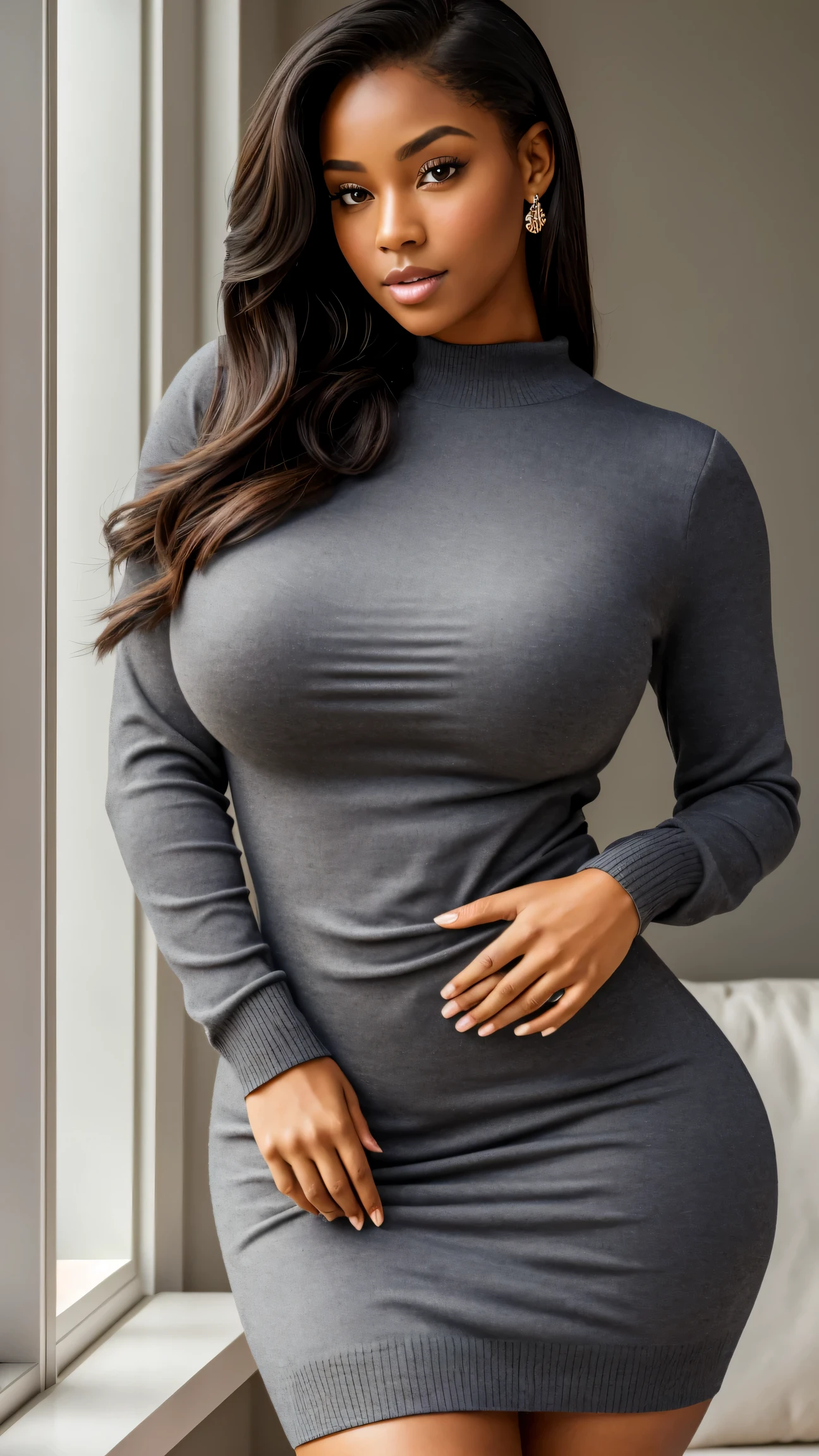 A gorgeous Woman, with a subtle and muted color palette, is captured in an 8k resolution, 70 mm frame. Her physique boasts a striking contrast, with a small waist giving way to gigantic breasts, enormous thighs, and hips that broaden to a curvaceous buttocks. Her dark skin shines under the soft, natural light, the swoon-worthy figure accentuated by the sweater dress she dons, leaving her seductive allure undeniable. Her pose is effortlessly alluring, her deep-set, mysterious eyes locked onto the viewer.