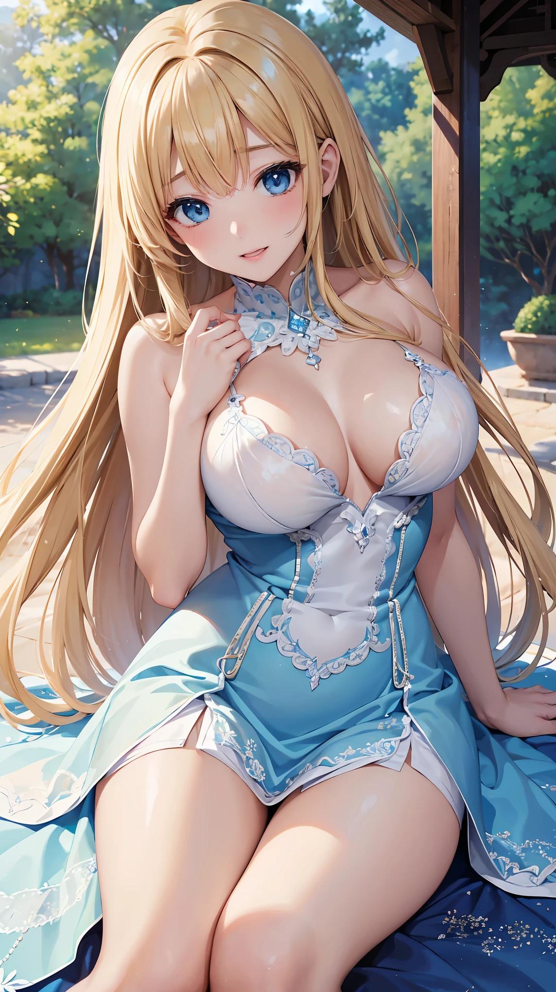 ((highest quality、High resolution))、Portrait、A beautiful woman、Perfect body、beautiful ample breasts、Long blonde、bangs、Blue and white、Embellished blue sexy dress、skirt、a sexually excited look、I'm inviting you to have sex、Outdoor Scenery
