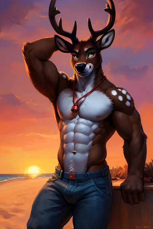 ((anthropomorphic Deer)) with He has all black eyes
Brown fur bright random white spots and muscular And antlers , big chest, day, sexy, sensual, detailed, uploaded to e621, beautiful and detailed portrait of an anthropomorphic Deer with He has all black eyes
Brown fur bright random white spots and muscular And antlers ((male ))) kenket, Ross Tran, ruan jia, uploaded to e621, zaush, foxovh, movie lighting,, muscular toned, muscles, muscular build, with a slight bulge in his pants of happiness, ((at a beach during sunset laying in the sand with a red whistle around his neck, wearing only pants, anthropomorphic