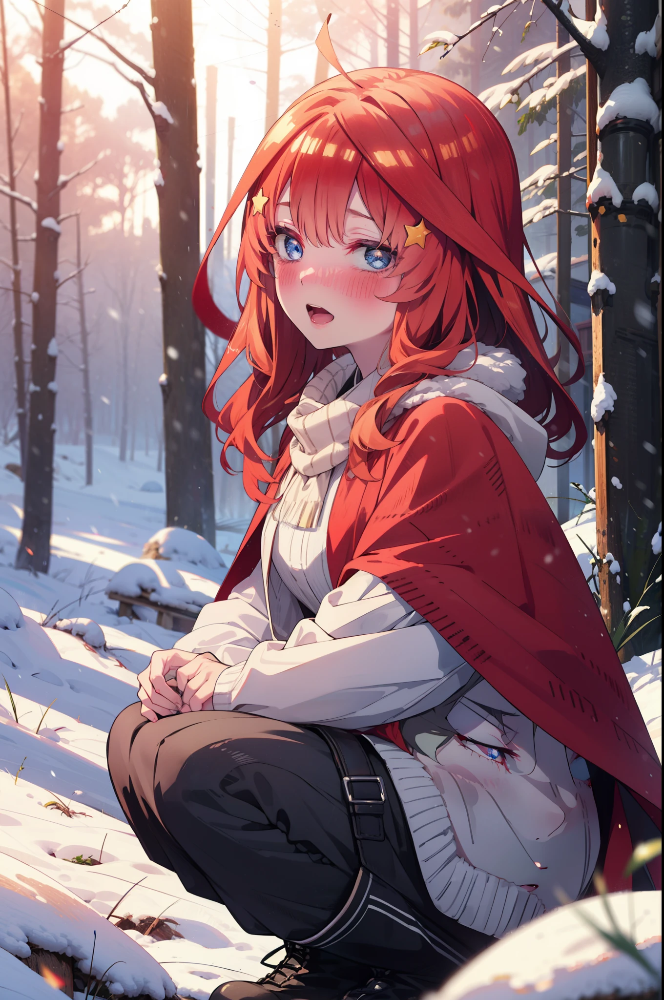 itsukinakano, Itsuki Nakano, bangs, blue eyes, Hair between the eyes, Ahoge, Redhead, star \(symbol\), hair ornaments, star hair ornaments,smile,blush,White Breath,
Open your mouth,snow, fire, Outdoor, boots, snowing, From the side, wood, suitcase, Cape, Blurred, Increase your meals, forest, White handbag, nature, Squat, Mouth closed, フードed Cape, winter, Written boundary depth, Black shoes, red Cape break looking at viewer, Upper Body, whole body, break Outdoor, forest, nature, break (masterpiece:1.2), highest quality, High resolution, unity 8k wallpaper, (shape:0.8), (Beautiful and beautiful eyes:1.6), Highly detailed face, Perfect lighting, Highly detailed CG, (Perfect hands, Perfect Anatomy),