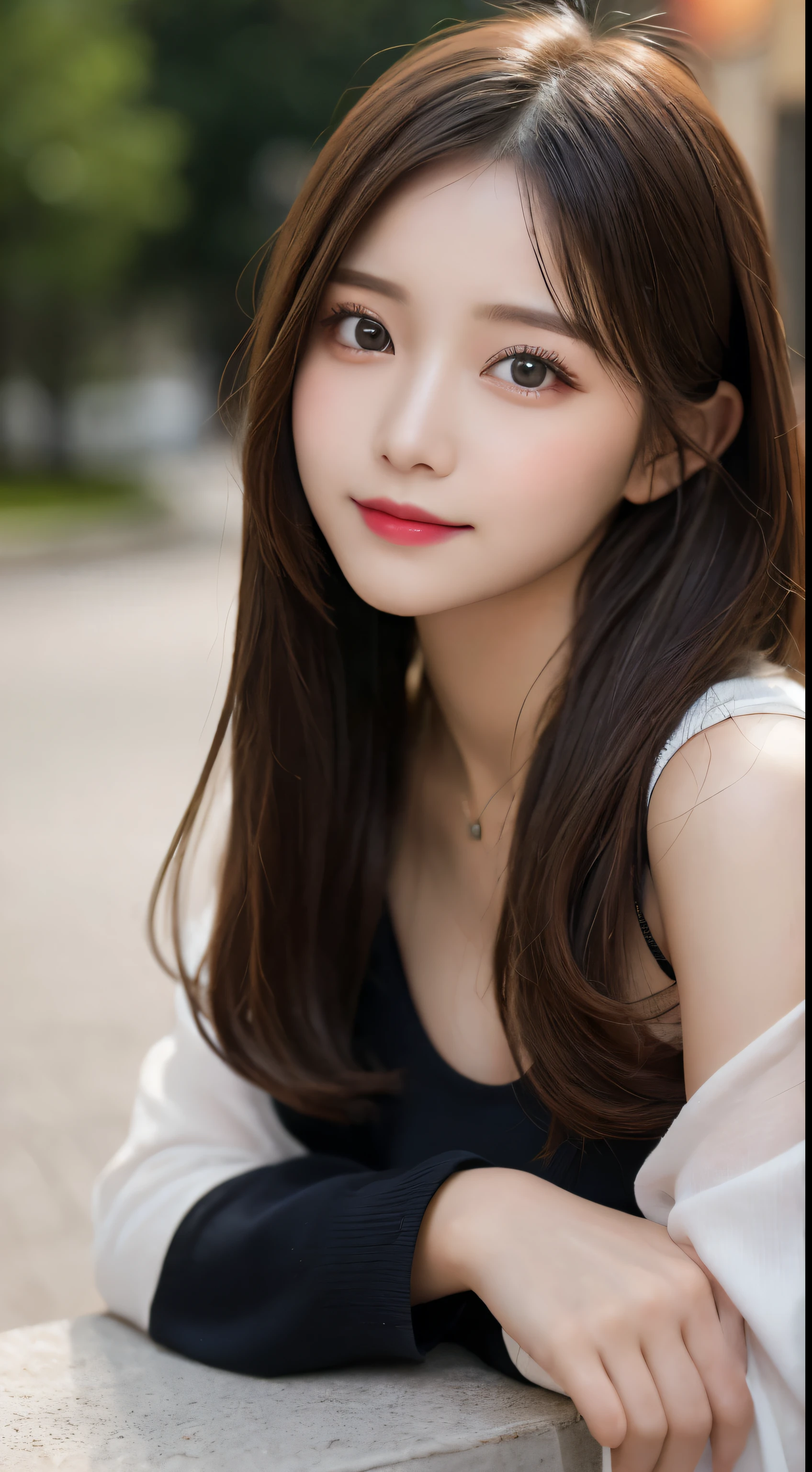 table top, highest quality, shape, Super detailed, finely, High resolution, 8k wallpaper, perfect dynamic composition shape, beautiful and detailed eyes, Nice spring clothes,beautiful straight hair,small breasts,natural color lip, 20 year old girl、cute、sexy shot looking at camera,Always blur the background,perfect and beautiful face,Beautiful and dense face、slim face and style,Big eyes、Do gal makeup,real photos（best image quality）、sexy face、fashion model pose、full body shot、Smile、Fashion Model Costumes（long sleeve）