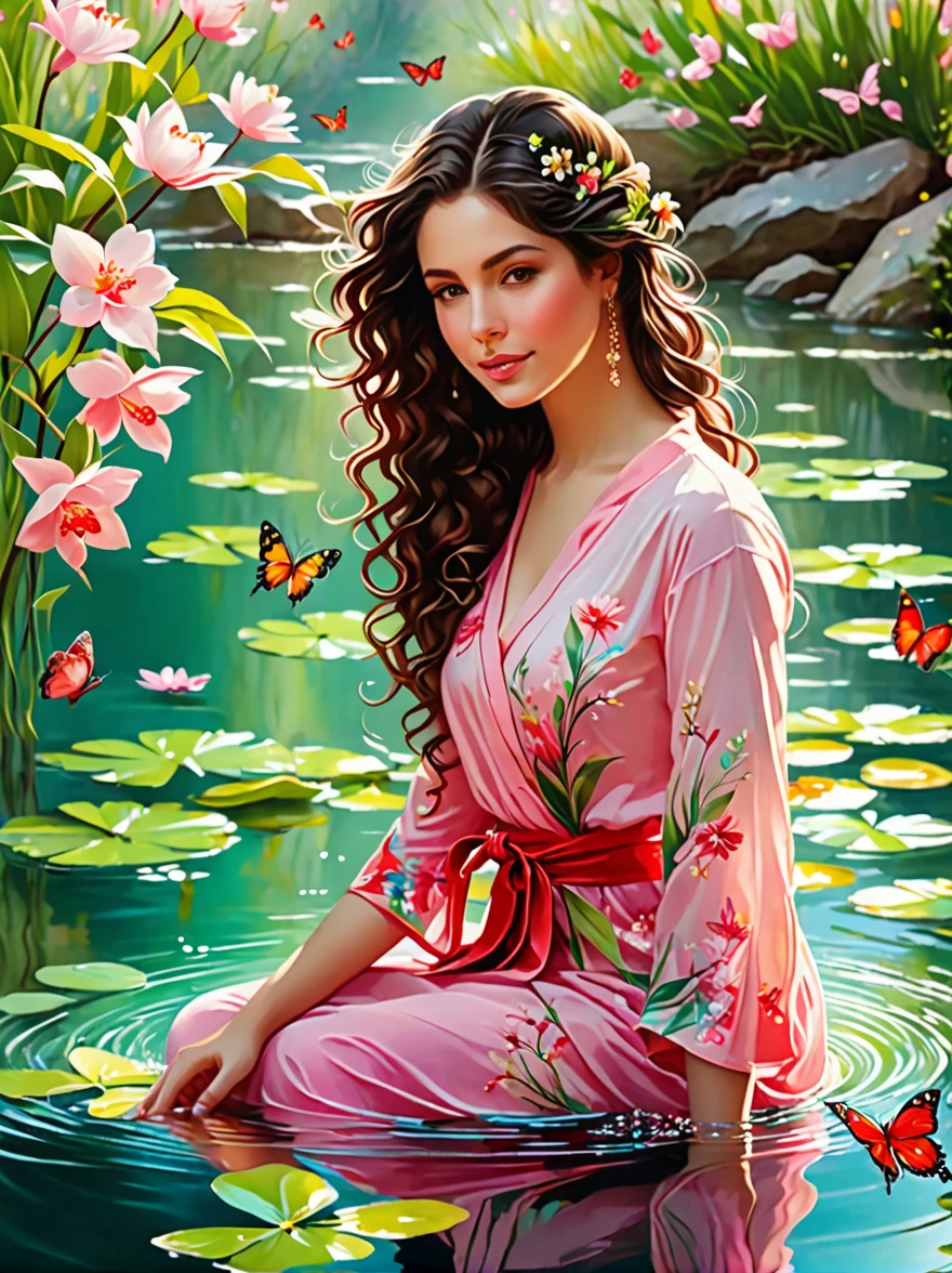 Detailed description of the visual element，The color palette is a mix of soft pastels and vibrant spring colors like green.，pink color，This combination evokes blooming flowers and fresh foliage.，Perfect for spring theme，High-quality images integrated into salon interiors，Peaceful environment，1girl standing on the water，Water splashes on the floor of the girl，Some stones have flowers on them，exudes fragrance，Includes before and after photos of customers who received spring makeovers，To highlight the salon&#39;s services，Dark Brown Curly Hair，Wearing a bright red salwar suit，focus，Close Range，Watch，Close your eyes，Surround her with spring graphics，For example, flowers and butterflies，Symbolizes the changing seasons and the essence