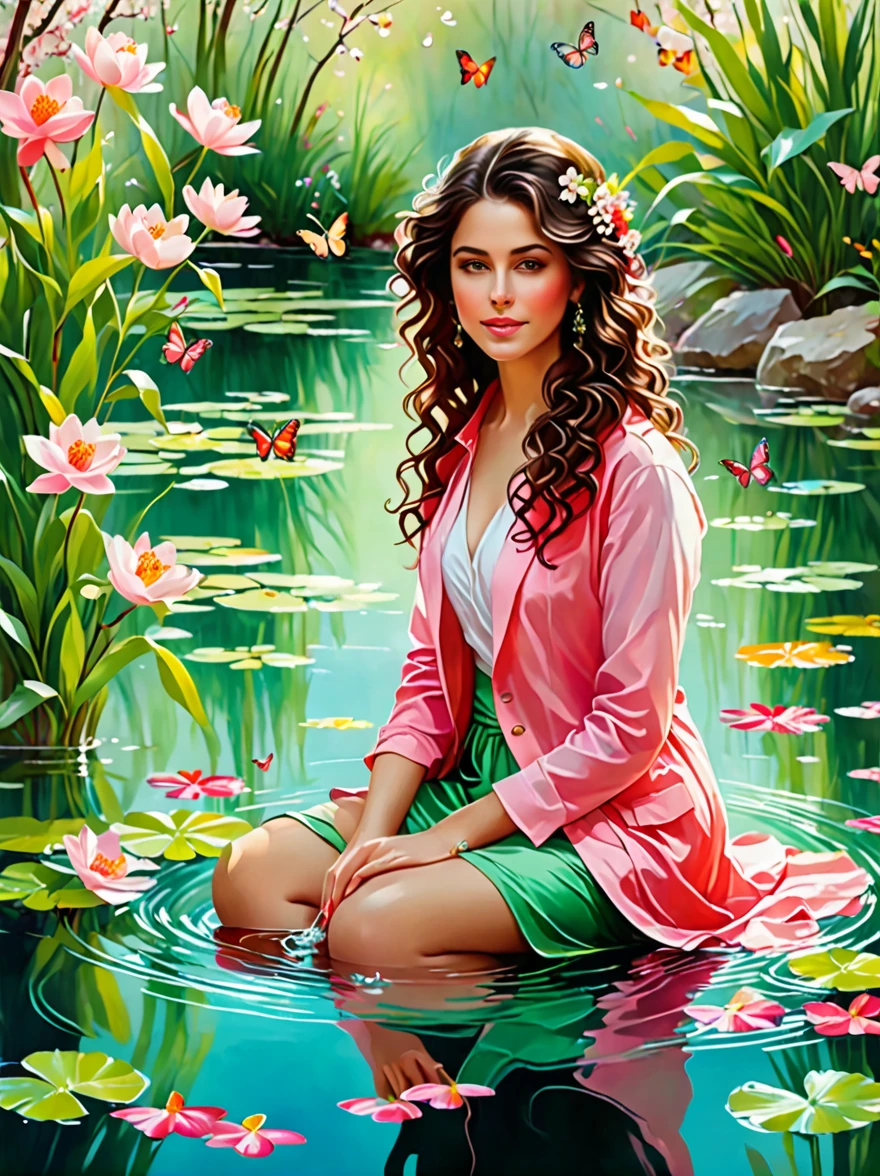 Detailed description of the visual element，The color palette is a mix of soft pastels and vibrant spring colors like green.，pink color，This combination evokes blooming flowers and fresh foliage.，Perfect for spring theme，High-quality images integrated into salon interiors，Peaceful environment，Girl standing on the water，Water splashes on the floor of the girl，Some stones have flowers on them，exudes fragrance，Includes before and after photos of customers who received spring makeovers，To highlight the salon&#39;s services，Dark Brown Curly Hair，Wearing a bright red salwar suit，focus，Close Range，Watch，Close your eyes，Surround her with spring graphics，For example, flowers and butterflies，Symbolizes the changing seasons and the essence