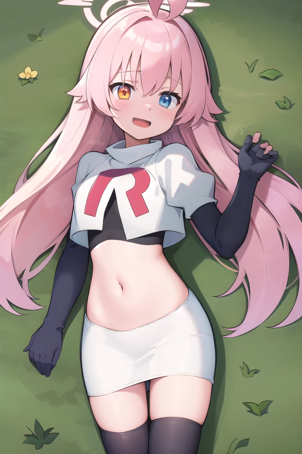 masterpiece, best quality, ultra-detailed, 1girl, hoshino, team rocket,team rocket uniform,white skirt,red letter R,crop top,black thigh-highs,black elbow gloves, outdoors