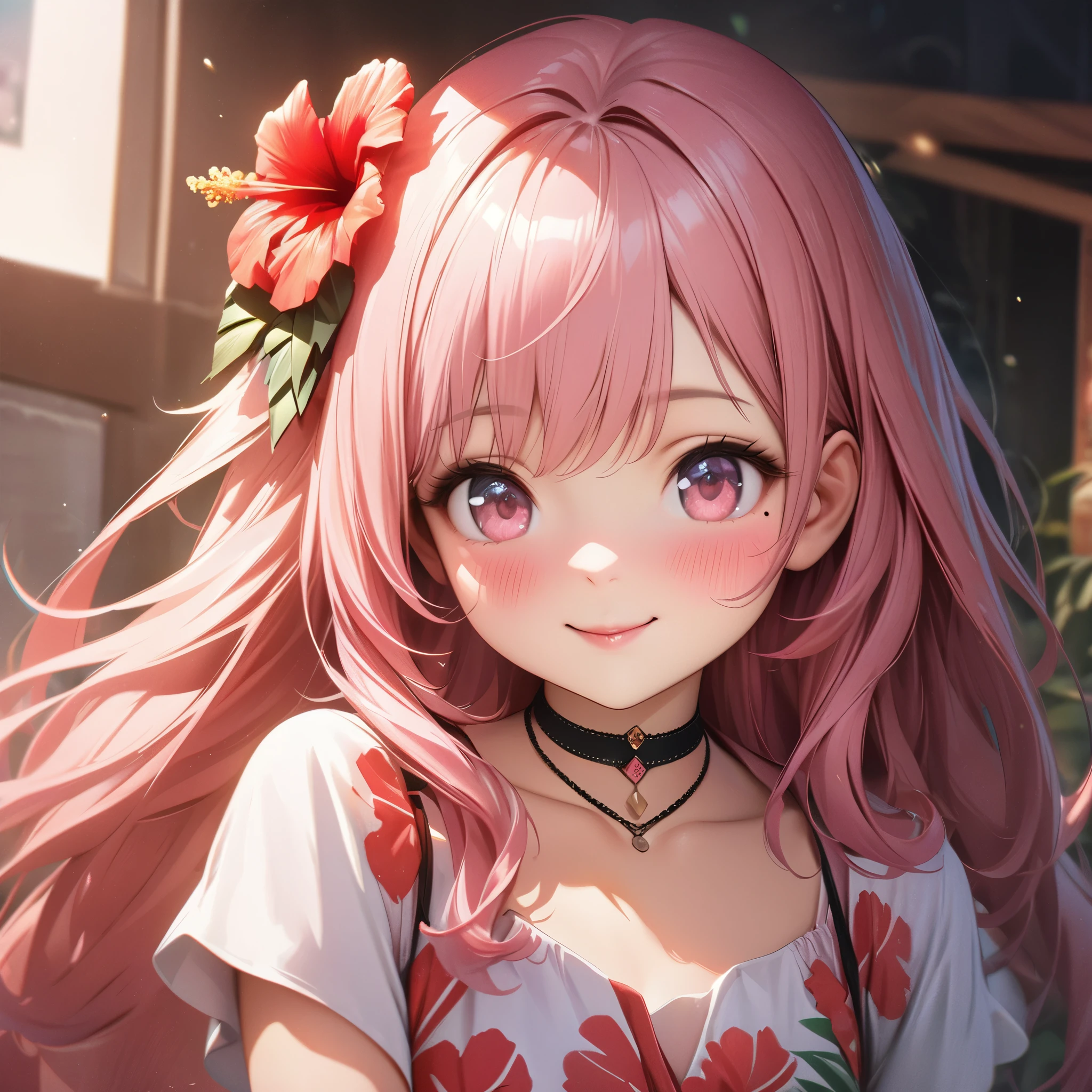 masterpiece, higst quality, highly detailed, high resolution, an high resolution, high resolution, 4k, 8k, unity 8k wallpaper, highly detailed cg, masterpiece, realistic, beautiful detail, depth, fine texture, hig hisst st quality: 1.3, total concentration, crisp skin, him, very cute anime, cute like an idol, tall pink long hair, one girl, Hawaiian dress, greeting, hibiscus hair accessory, smile, long pink hair, whole body , Mole under his eye, line sight, high, blush, lips parted, he art, pink eyes, choker