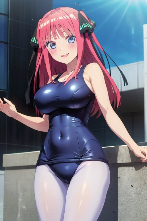 best quality, ultra-detailed masterpiece, anime art style, cute characters, nino nakano, one-piece swimsuit, large breasts, pantyhose, blush, smile