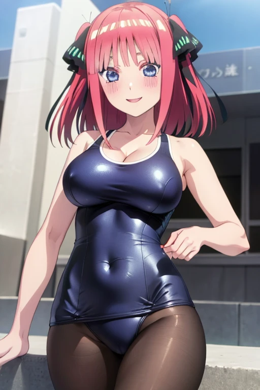 best quality, ultra-detailed masterpiece, anime art style, cute characters, nino nakano, one-piece swimsuit, large breasts, pantyhose, blush, smile
