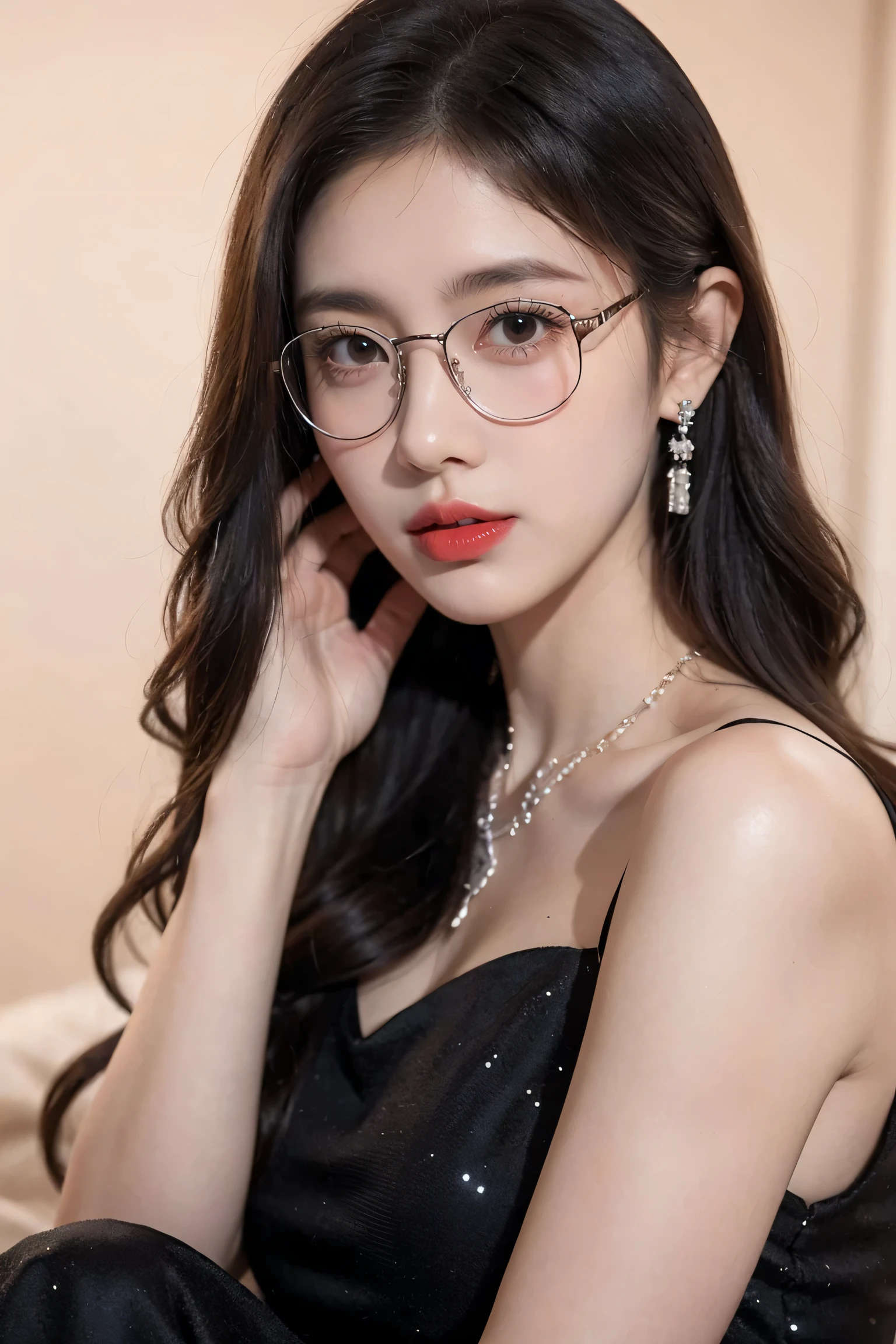 Top CG, Highest image quality, masterpiece, Gentle and beautiful girl, (185cm美女), (fit), Imperial sister, Queen temperament, White skin, ((Long legs)), perfect facial features, Bright Eyes, Seductive pose, Red lips, Beautiful and cold (A major breakthrough)), Beautiful and heroic, Soft and long hair, Glittering, Lace, net, Visible through clear skin, wear glasses, diamond earrings, ruby neckLace, (Black dress), 8K Image Quality, (Realistic Portraits), Characters fill the screen, (Facial lighting), ((eternal)