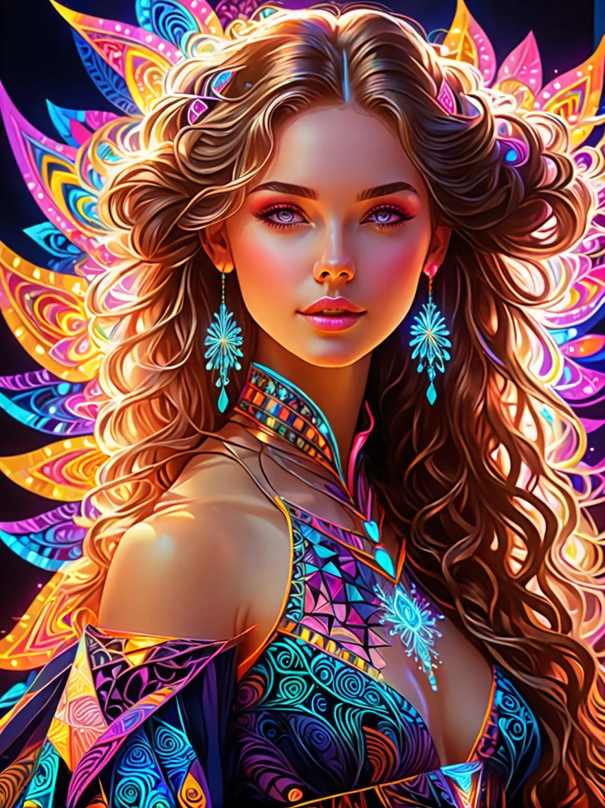 (masterpiece, top quality, best quality, official art, Beautiful and beautiful:1.2), (1 Girl:1.3), Extremely detailed,(Fractal Art:1.2),rich and colorful,The most detailed,( Zentangle neon light:1.2), (Dynamic poses), (Neon geometric background:1.5), (Traditional clothing:1.2), (Glowing skin), (Many colors:1.4), Upper Body ,neon,16K,Full HD