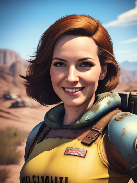 1girl, solo, highly insanely detailed, masterpiece, top quality, best quality, highres, 4k, 8k, fallout style, smile, 1girl, Piper, in the wasteland