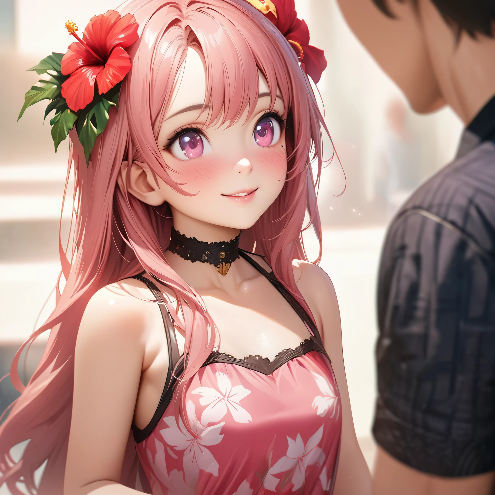 masterpiece, higst quality, highly detailed, high resolution, an high resolution, high resolution, 4k, 8k, unity 8k wallpaper, highly detailed cg, masterpiece, realistic, beautiful detail, depth, fine texture, hig hisst st quality: 1.3, total concentration, crisp skin, him, very cute anime, cute like an idol, tall pink long hair, one girl, Hawaiian dress, greeting, hibiscus hair accessory, smile, long pink hair, whole body , Mole under his eye, line sight, high, blush, lips parted, he art, pink eyes, choker