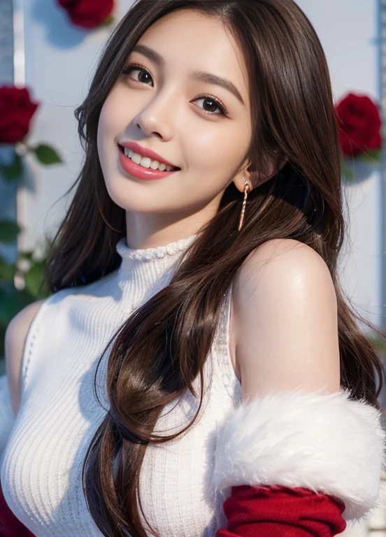 (Female, 22 years old), (Medium big breasts:1.3), rose garden、Lots of red roses on the background、 ((Grab the viewer's hand)), (​master piece: 1.3), (max resolution: 1.4), (UltraHD: 1.2), cinematric light, UltraHD, (Detailed eyes and skin), (detailed facial features), nffsw, 8K resolution, Perfect Style, Beautiful face、Highly detailed facial and skin texture、A detailed eye、double eyelid、Glitter Eyeliner:1.2、thin cheeks、(fair white skin:1.3)、shiny earrings,Red Rouge:1.2、shiny lip:1.2、((FULL BODYSHOT:1.2))、((From a very intimate distance:1.2))、((Navy High Neck Pipeknit Dress))、high-heels、(Layered Hair Style、lightbrown hair)、medium-Long hair、(Very attractive smile:1.3)