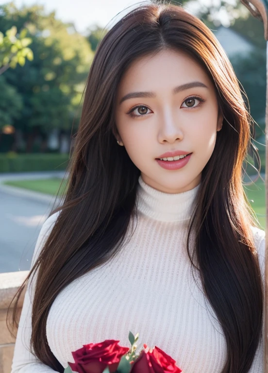 (Female, 22 years old), (Medium big breasts:1.3), rose garden、Lots of red roses on the background、 ((Grab the viewer's hand)), (​master piece: 1.3), (max resolution: 1.4), (UltraHD: 1.2), cinematric light, UltraHD, (Detailed eyes and skin), (detailed facial features), nffsw, 8K resolution, Perfect Style, Beautiful face、Highly detailed facial and skin texture、A detailed eye、double eyelid、Glitter Eyeliner:1.2、thin cheeks、(fair white skin:1.3)、shiny earrings,Red Rouge:1.2、shiny lip:1.2、((FULL BODYSHOT:1.2))、((From a very intimate distance:1.2))、((Navy High Neck Pipeknit Dress))、high-heels、(Layered Hair Style、lightbrown hair)、medium-Long hair、(Very attractive smile:1.3)